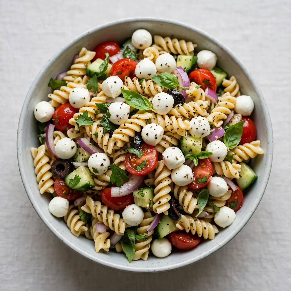 Frischer Nudelsalat mit Mozzarella-Perlen