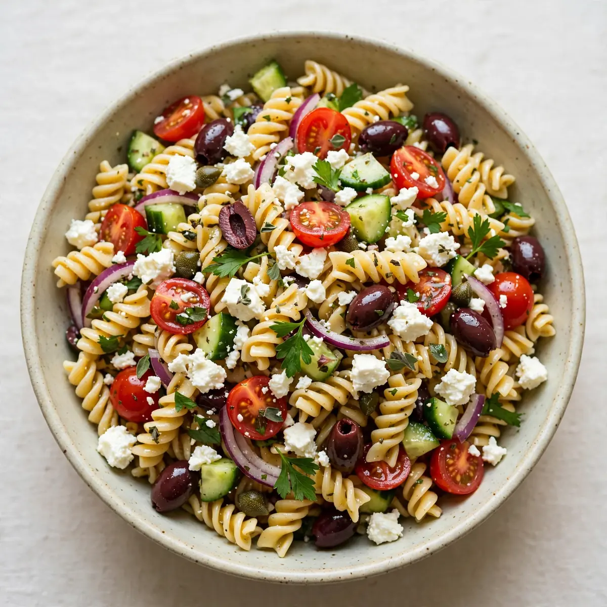 Mediterraner Nudelsalat mit Feta