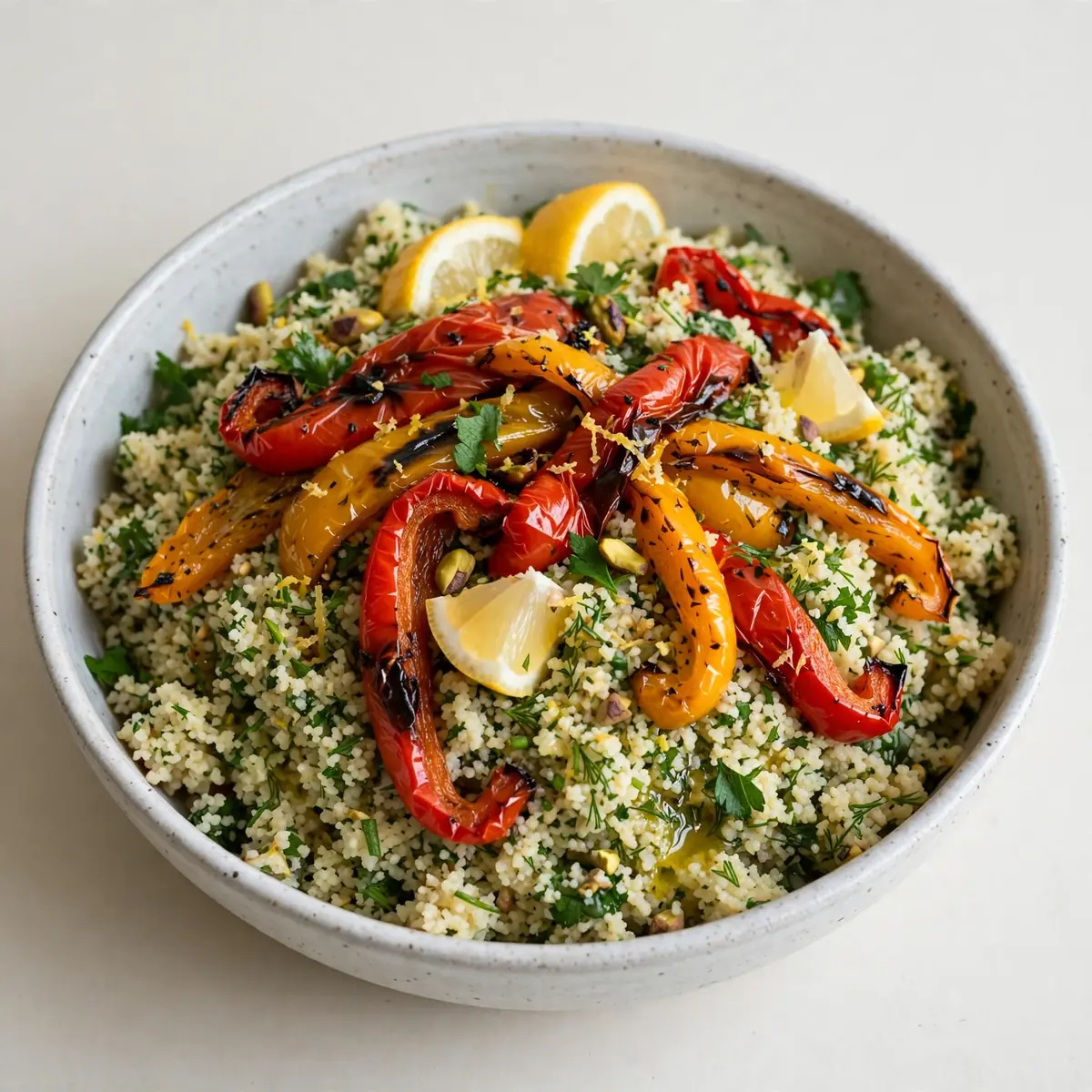 Restaurant-Qualität Zitronen-Kräuter-Couscous-Bowl mit gerösteten Paprika