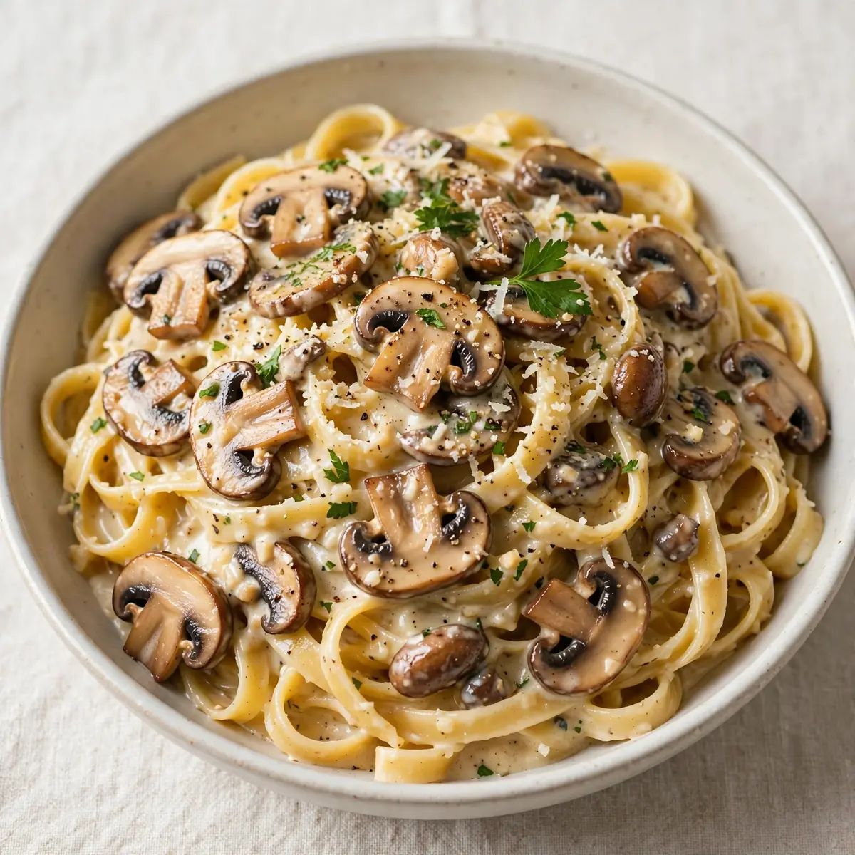Restaurant-Taugliche Cremige Knoblauch-Pilz-Fettuccine