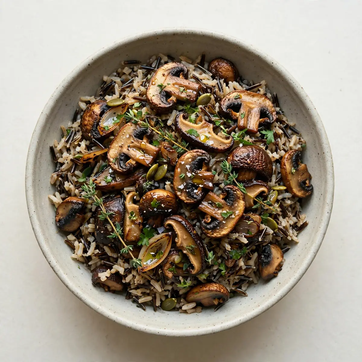 Restaurant-Wild Rice Bowl mit gerösteten Pilzen