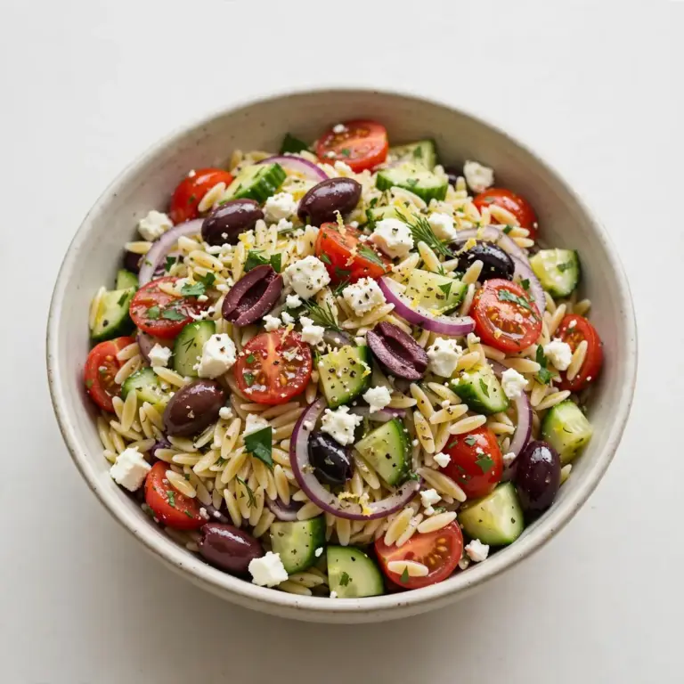 Restauranttauglicher Mediterraner Orzo-Salat mit Feta und Oliven