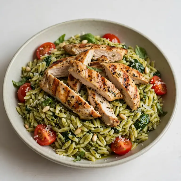 Restauranttaugliches Pesto-Orzo-Bowl mit gegrilltem Hähnchen