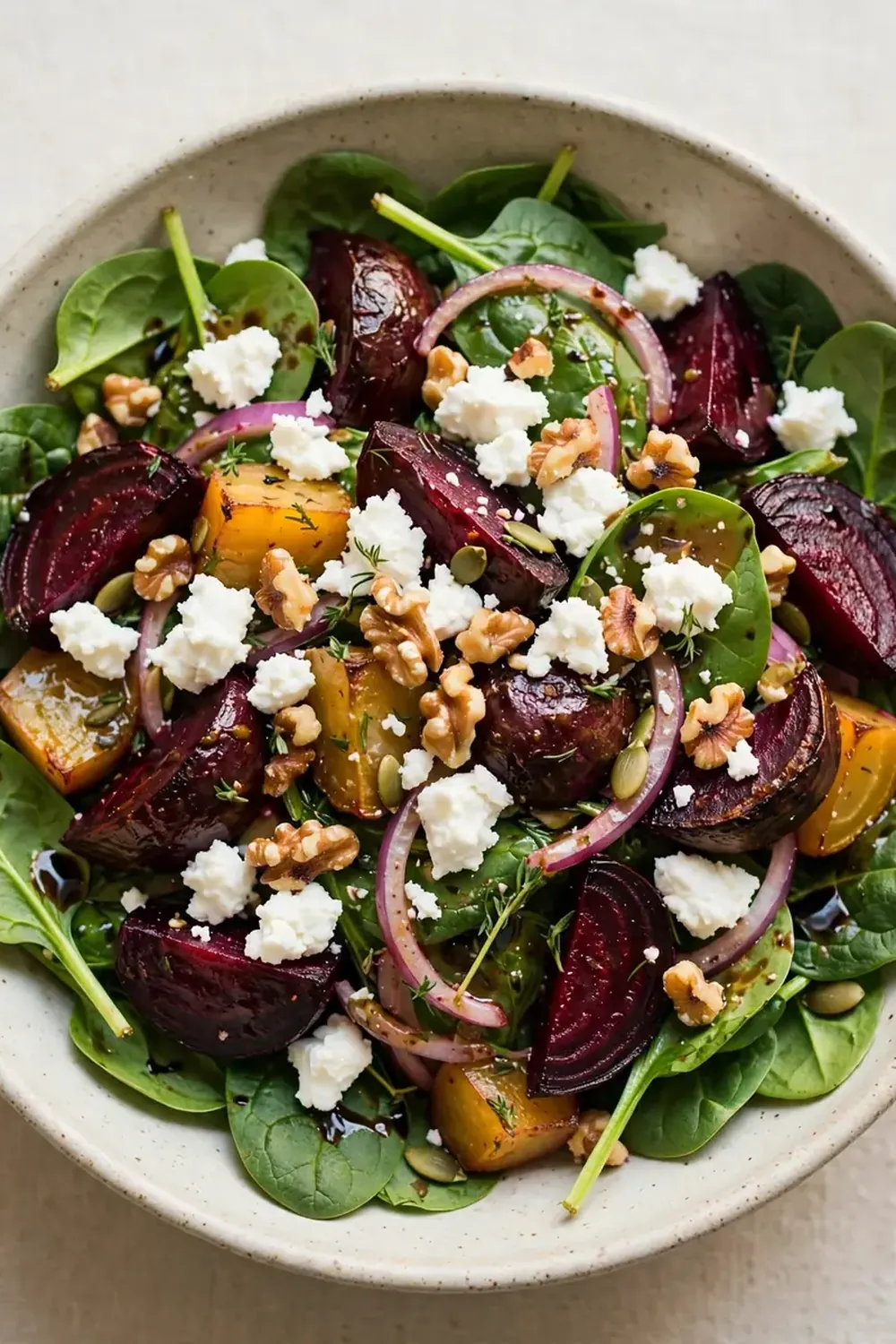 Spinach and Roasted Beet Salad with Goat Cheese